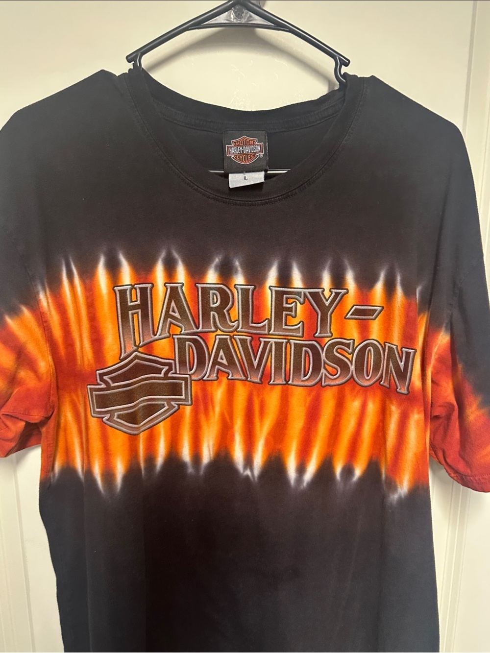 Harley-Davidson Black & Orange Flame Wave Logo Tee Tye Dyed Bloomington Illinois